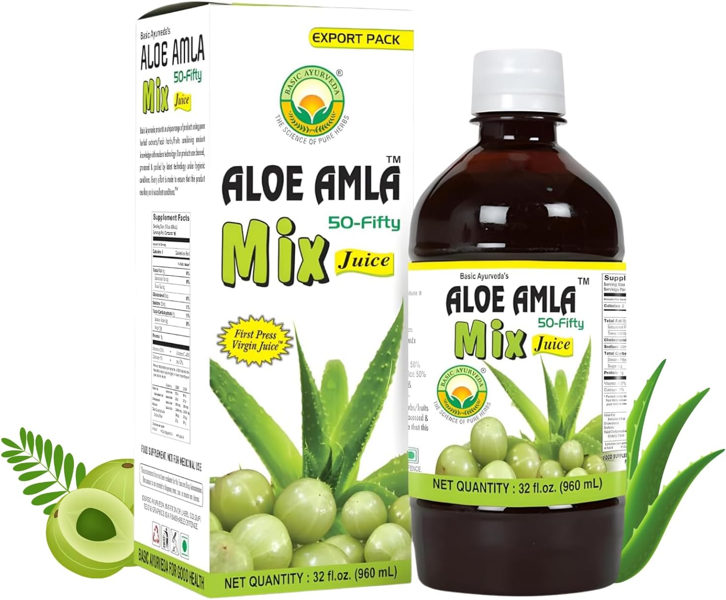 Basic Ayurveda Aloe Vera & Amla Herbal Mix Juice | 32.46 Fl Oz (960ml) | Supports Digestion, Immunity & Detox | Rich in Natural Vitamin C | No Added Sugar | Gluten Free, Non-GMO & Vegan