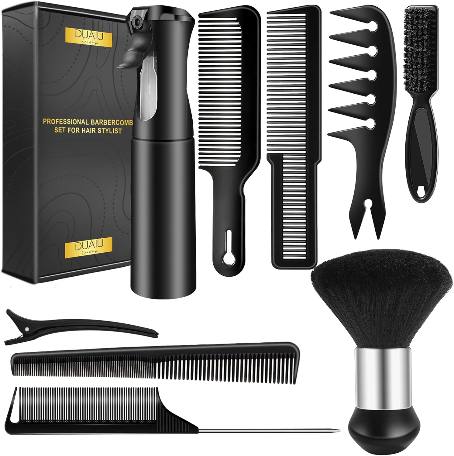 DUAIU 9Pcs Hair Comb Set, Professional Barber Combs for Hair Cutting and Styling - Premium Grade Hair Spray Bottle Neck Duster Barber Brush Set, Taper Texture Clipper Comb Tools for Men Boys