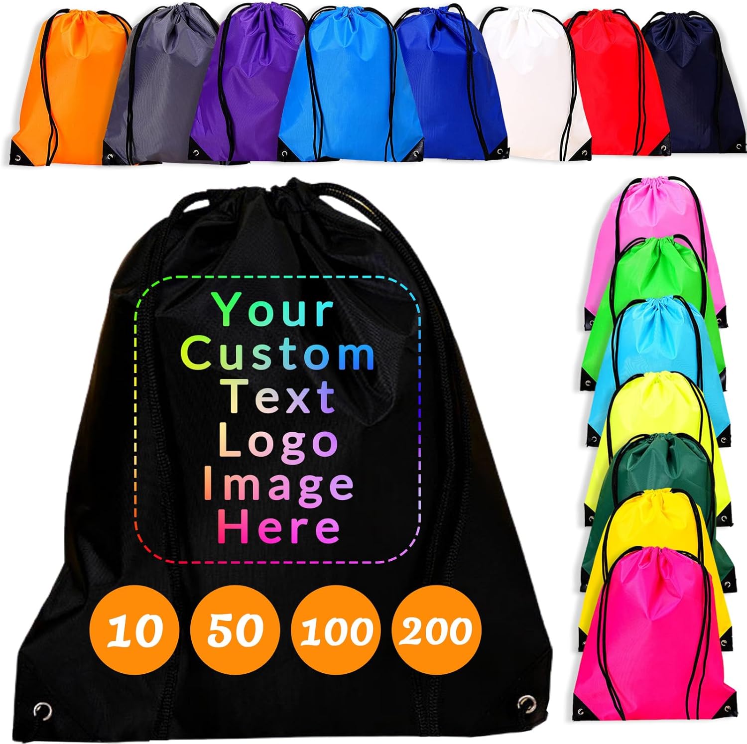 Custom Drawstring Bags 10/50/100/200 Pack, Personalized String Bags Bulk with Logo, Great for Gym Travel Events