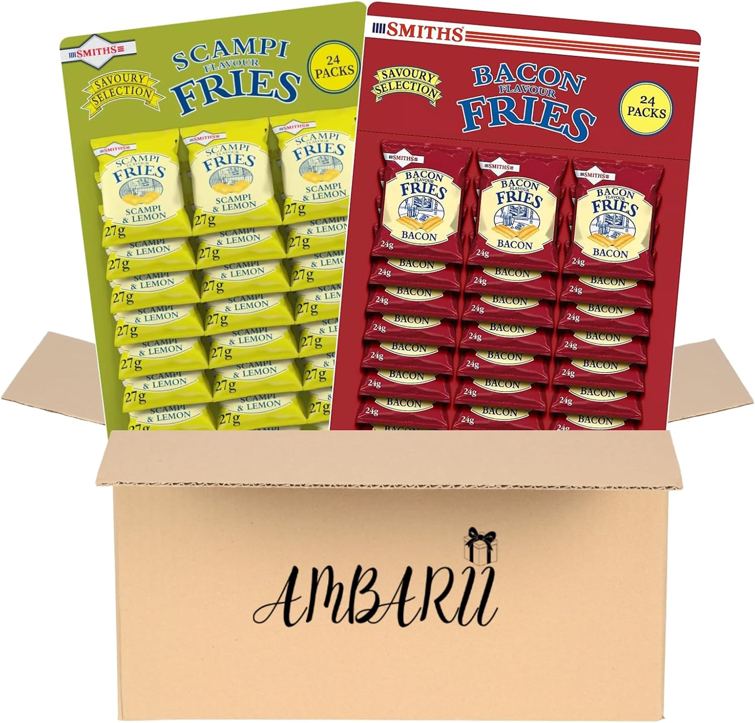 AMBARII Smiths Bacon and Scampi Fries Savoury Snacks, Pub Card Mixed Pack, 48 Count with 24 Bacon and 24 Scampi Fries