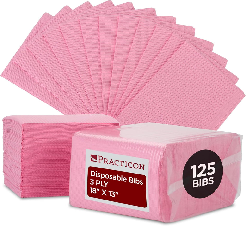 Practicon 125 Pack Pink Disposable Patient Bibs, 18" x 13", 3 Ply Waterproof Paper Bib Sheet with Poly Back, Dental, Medical, Tattoo, Nail Tray or Table Cover, 125 Pack
