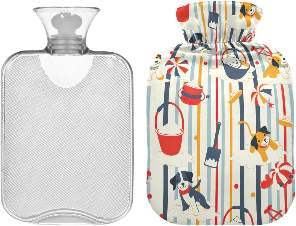Colorful Cartoon Dogs Classic Hot Water Bottle with Cover, 1 Liters Durable Hot Water Bag for Tummy Cramps Neck and Shoulder Waist Pain Relief, Hot and Cold Compress