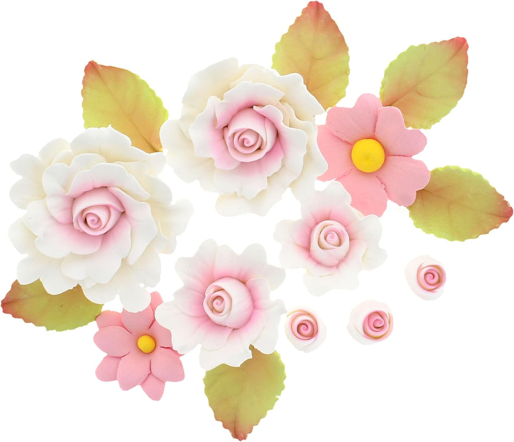 Global Sugar Art Ruffled Roses & Blossoms Sugar Cake Flowers Set, Pink, 9 Count with leaves by Chef Alan Tetreault