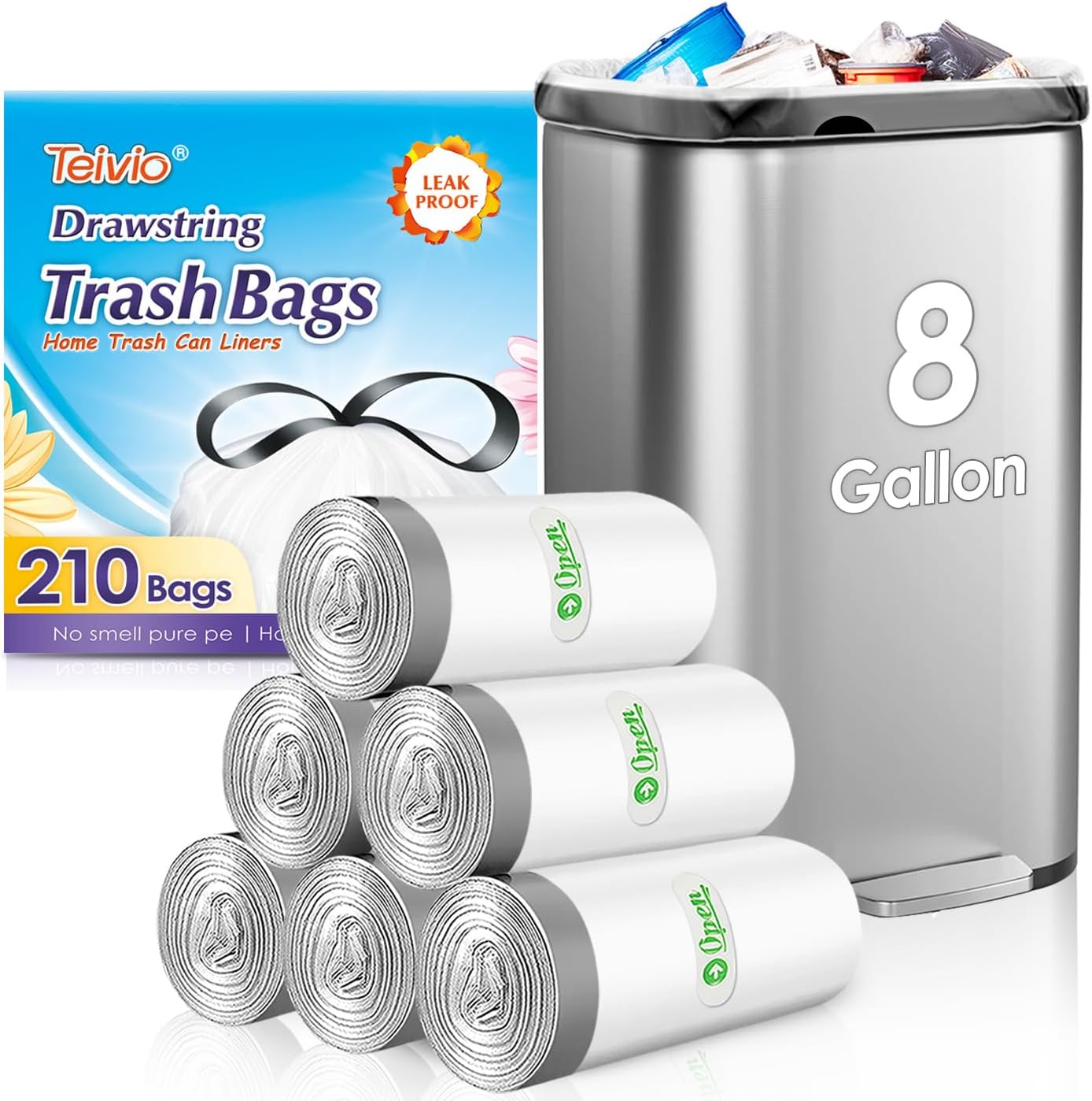 Teivio 8 Gallon 210 Counts Strong Drawstring Trash Bags Garbage Bags, Medium Kitchen Trash Can Bathroom Bin Liners, Plastic Trash Bags for Home Kitchen Office, White