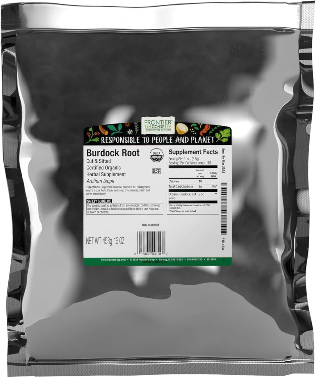 Frontier Organic Burdock Root, 1-Pound Bulk Bag, Common in Root Beer Recipes, Cut & Sifted, Sustainable Grown, Kosher (Packaging May vary)