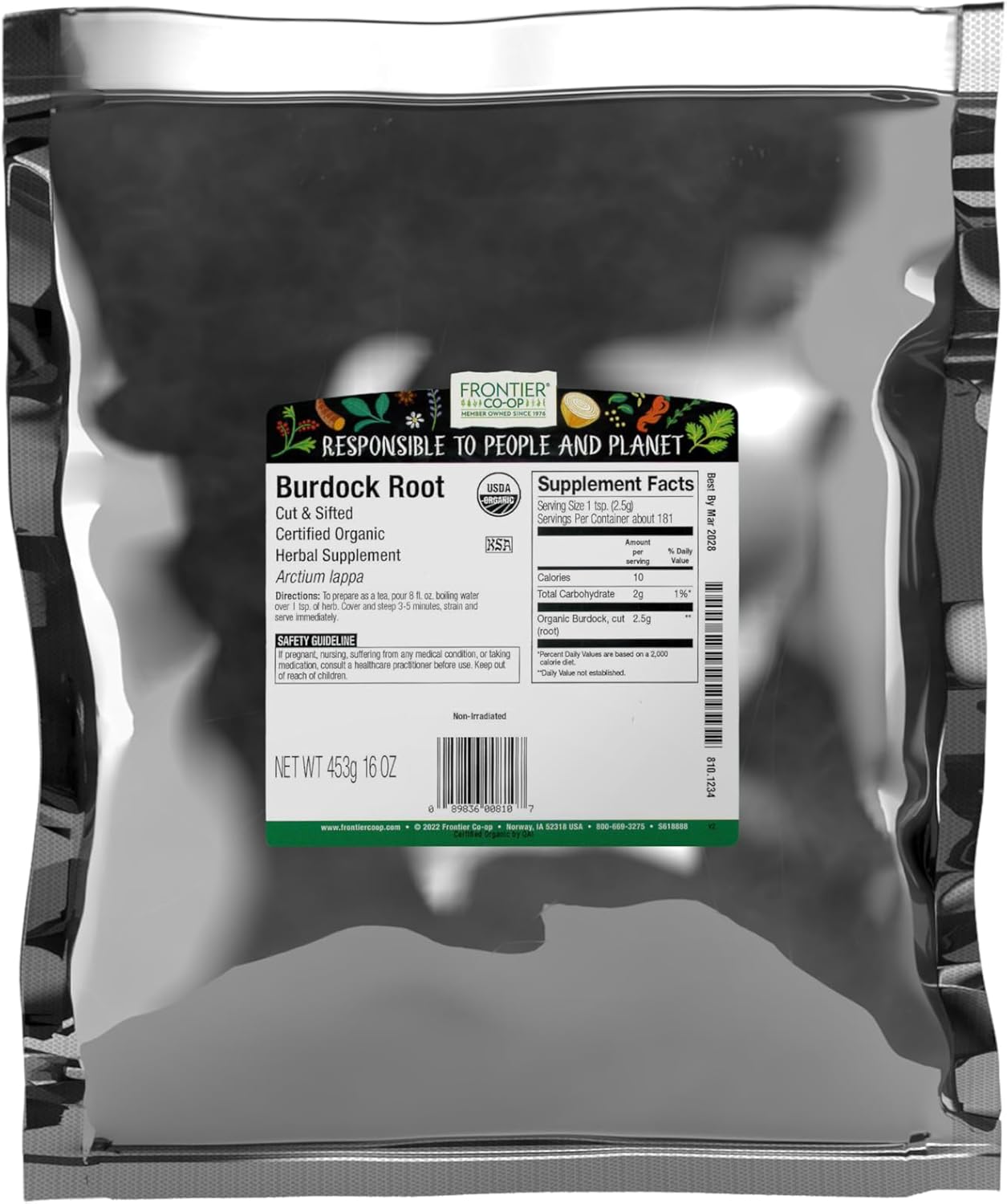 Frontier Organic Burdock Root, 1-Pound Bulk Bag, Common in Root Beer Recipes, Cut & Sifted, Sustainable Grown, Kosher (Packaging May vary)