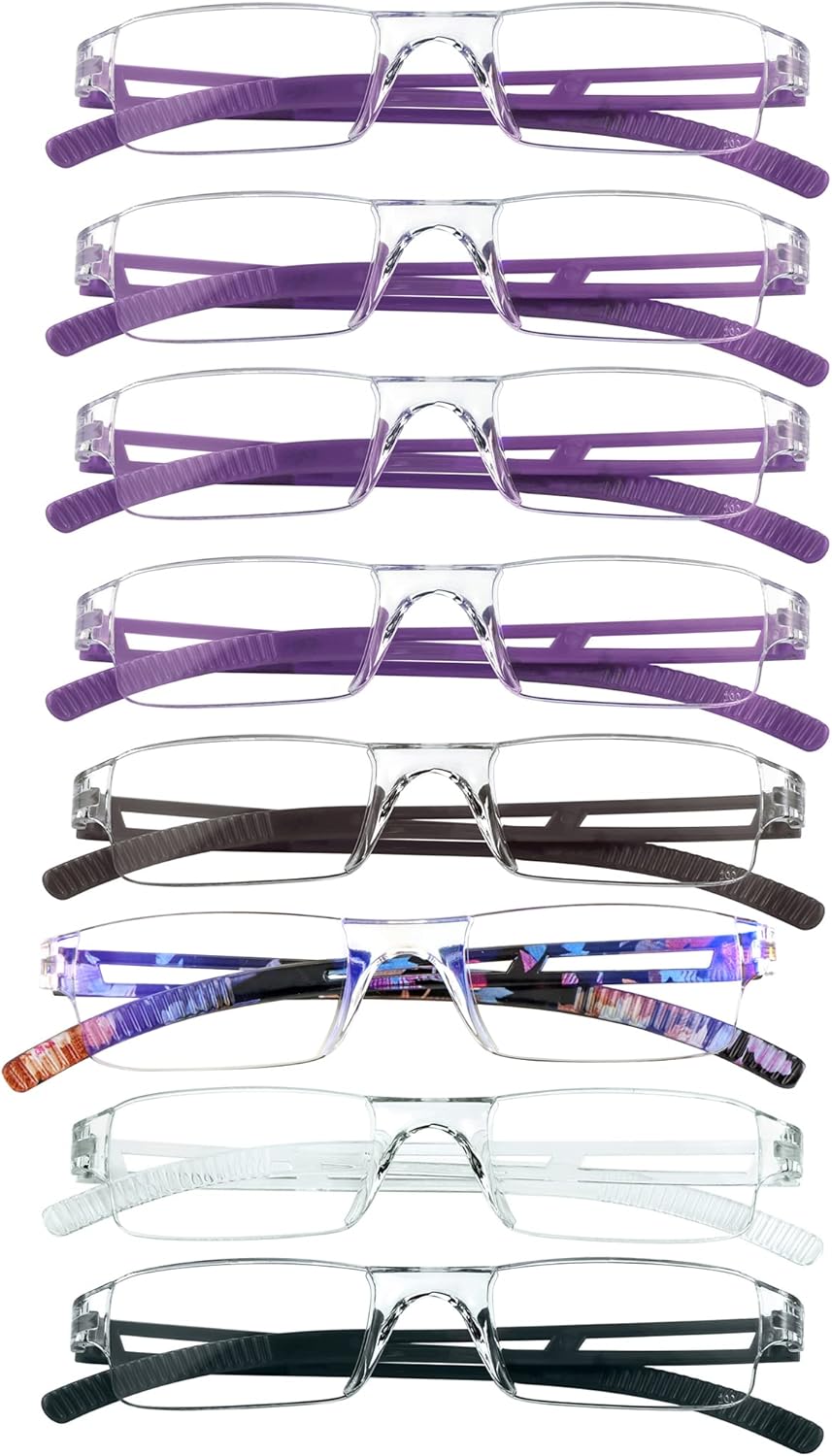 VisionGlobal 8 Pairs Reading Glasses, Blue Light Blocking Glasses, Computer Reading Glasses for Women and Men, Fashion Square Eyewear Frame (4color+4purple,+3.00 Magnification)