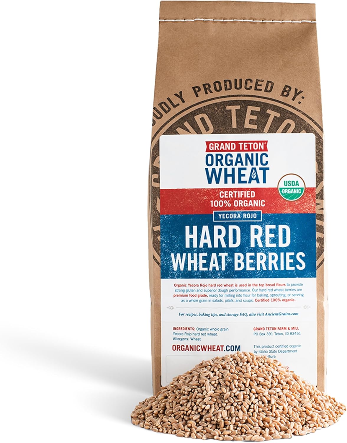 Yecora Rojo Hard Red Wheat Berries by Grand Teton Organic Wheat | Organic Hard Red Spring Wheat Berries for Baking Whole Grain Breads or Milling Into Flour | Non-GMO, (5 Pounds)