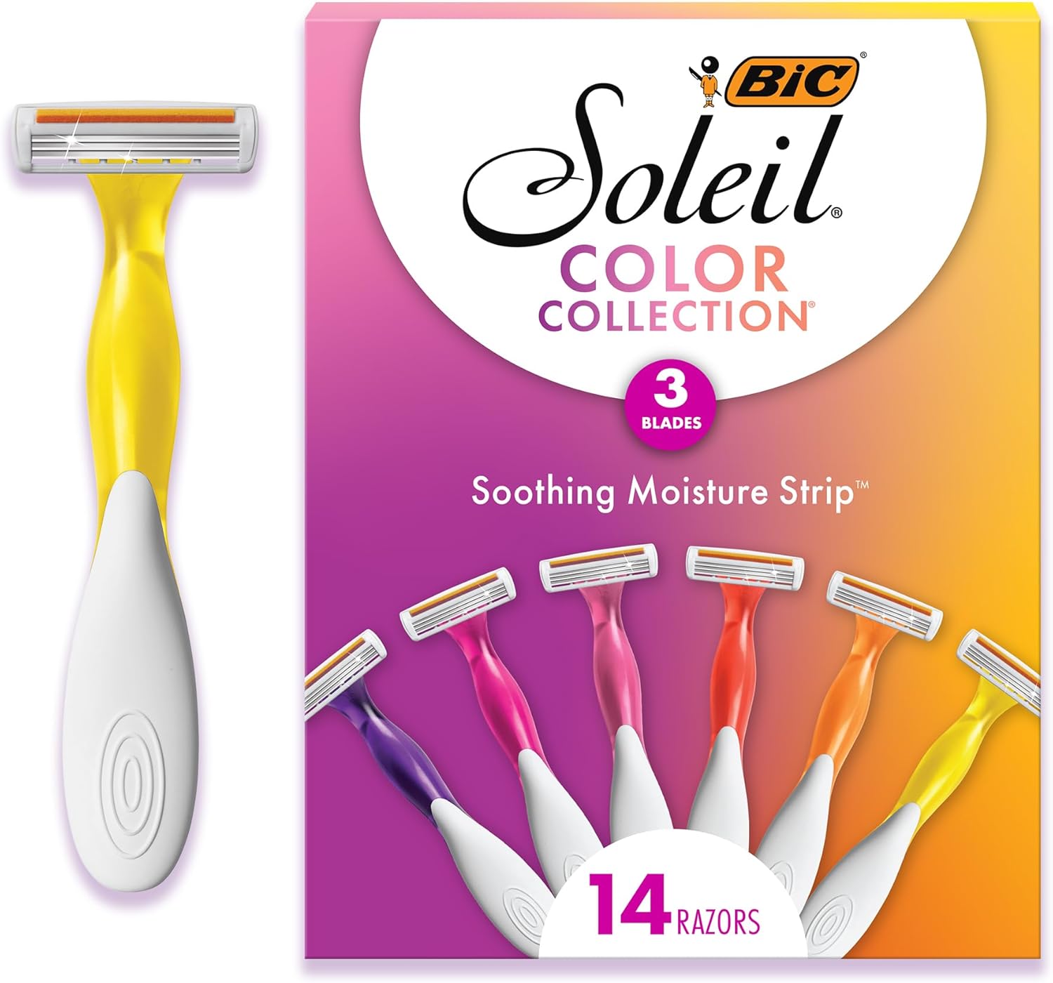 BIC Soleil 3 Colors Women's Disposable 3-Blade Razors, With Aloe Vera and Vitamin E Strip, 14-Pack