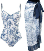 YUNAR Women Retro Deep Plunging One Piece Monokini Swimwear with Sarong 2 pcs Set
