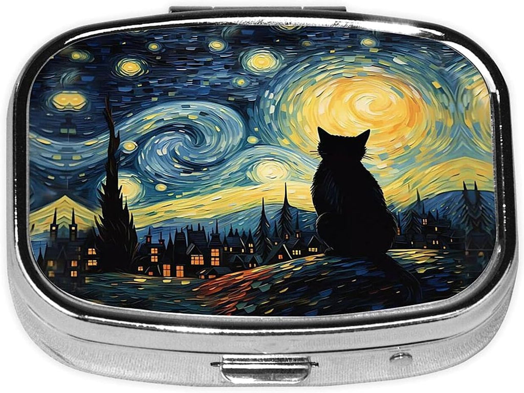 ABLESKY Pill Box, 2 Compartment Pill Organizer Case for Pocket or Purse, Small Portable Metal Travel Medicine Box with Mirror, Daily Vitamins Fish Oil Container-Starry Sky Cat
