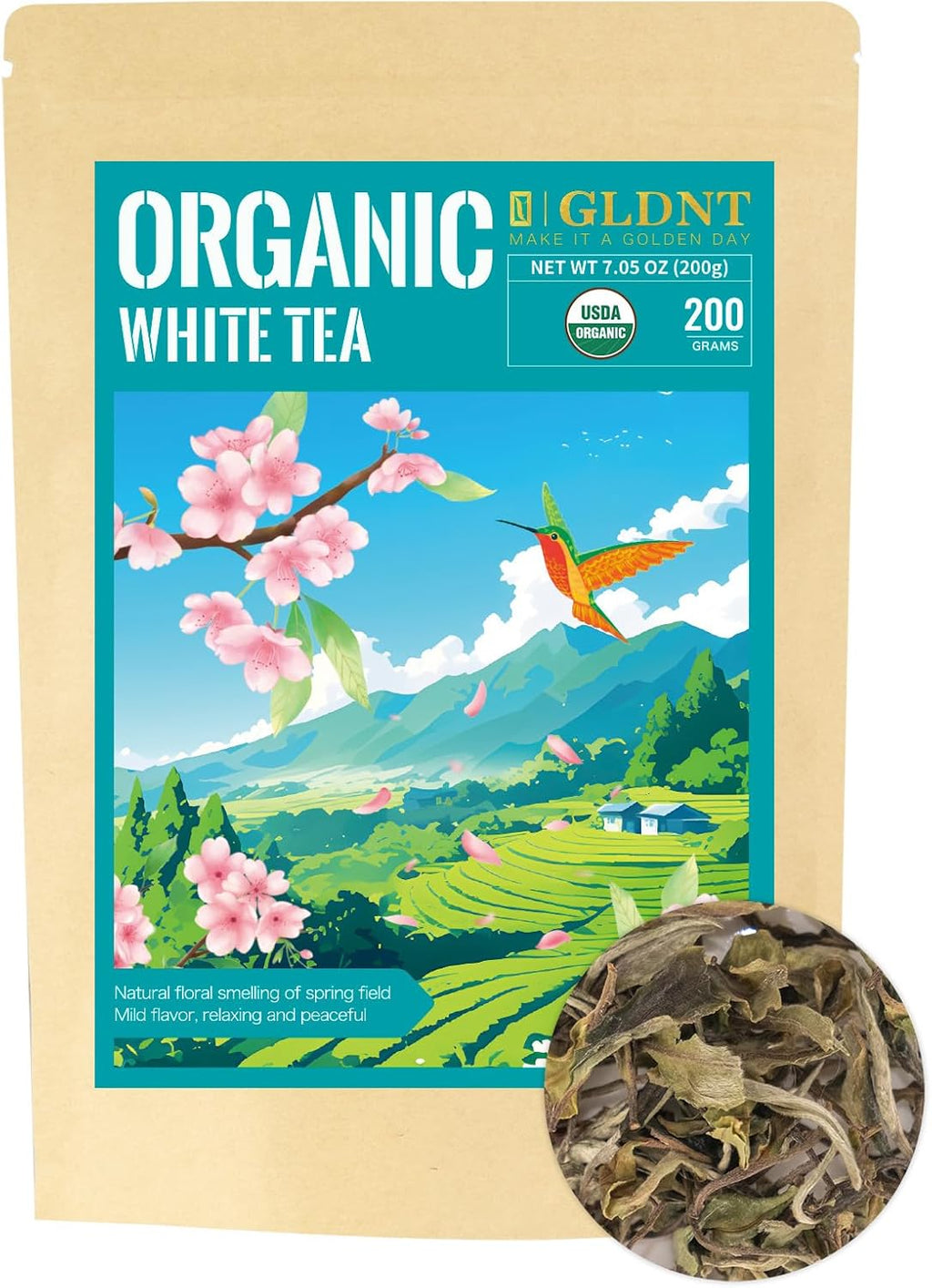 GLDNT Organic White Tea, Premium Organic White Tea Loose leaf, Mild & Smooth Taste, Low Caffeine, 7 Ounce