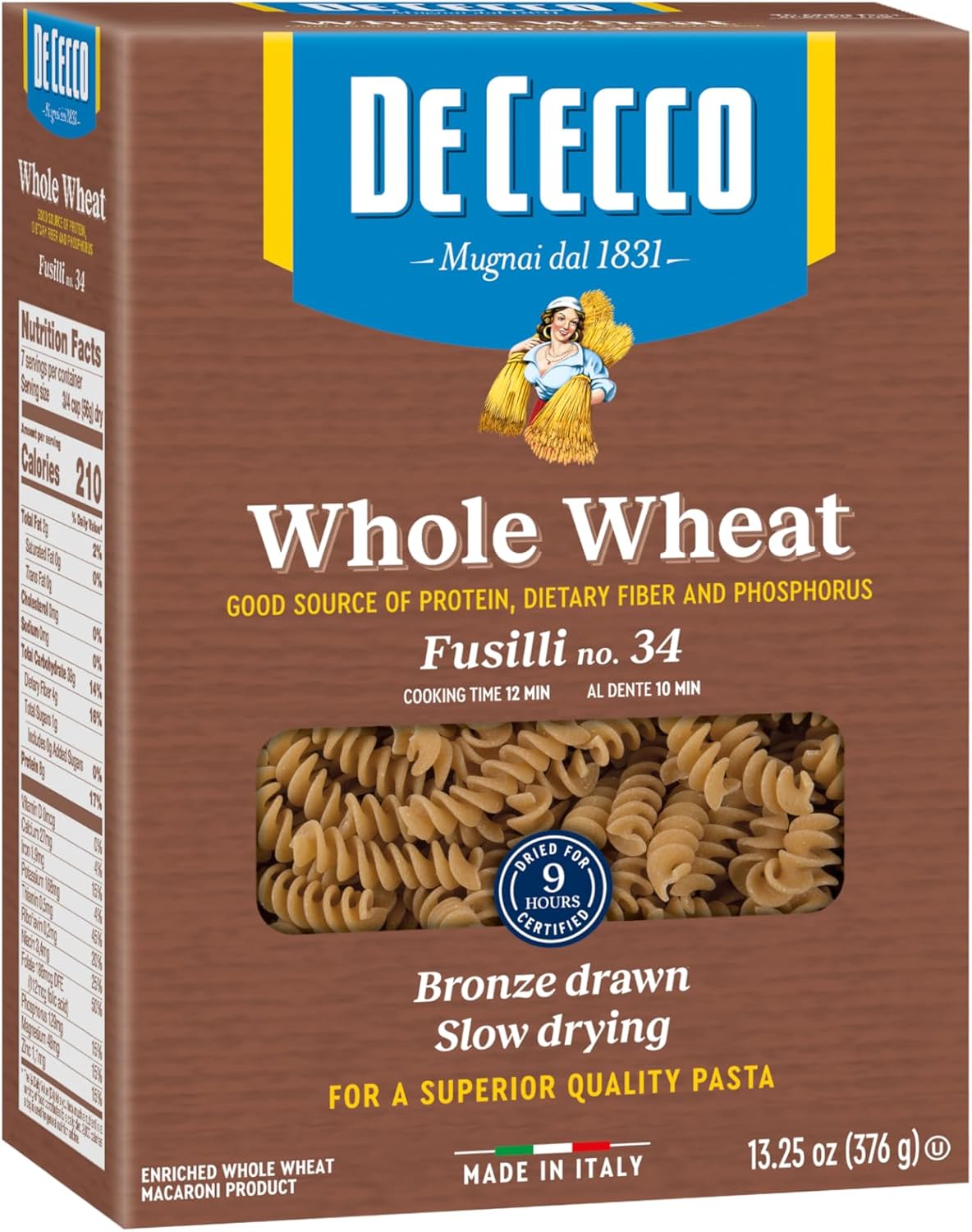 De Cecco Whole Wheat Pasta, Fusilli, 13.25 Ounce (Pack of 12) (VIP1034)