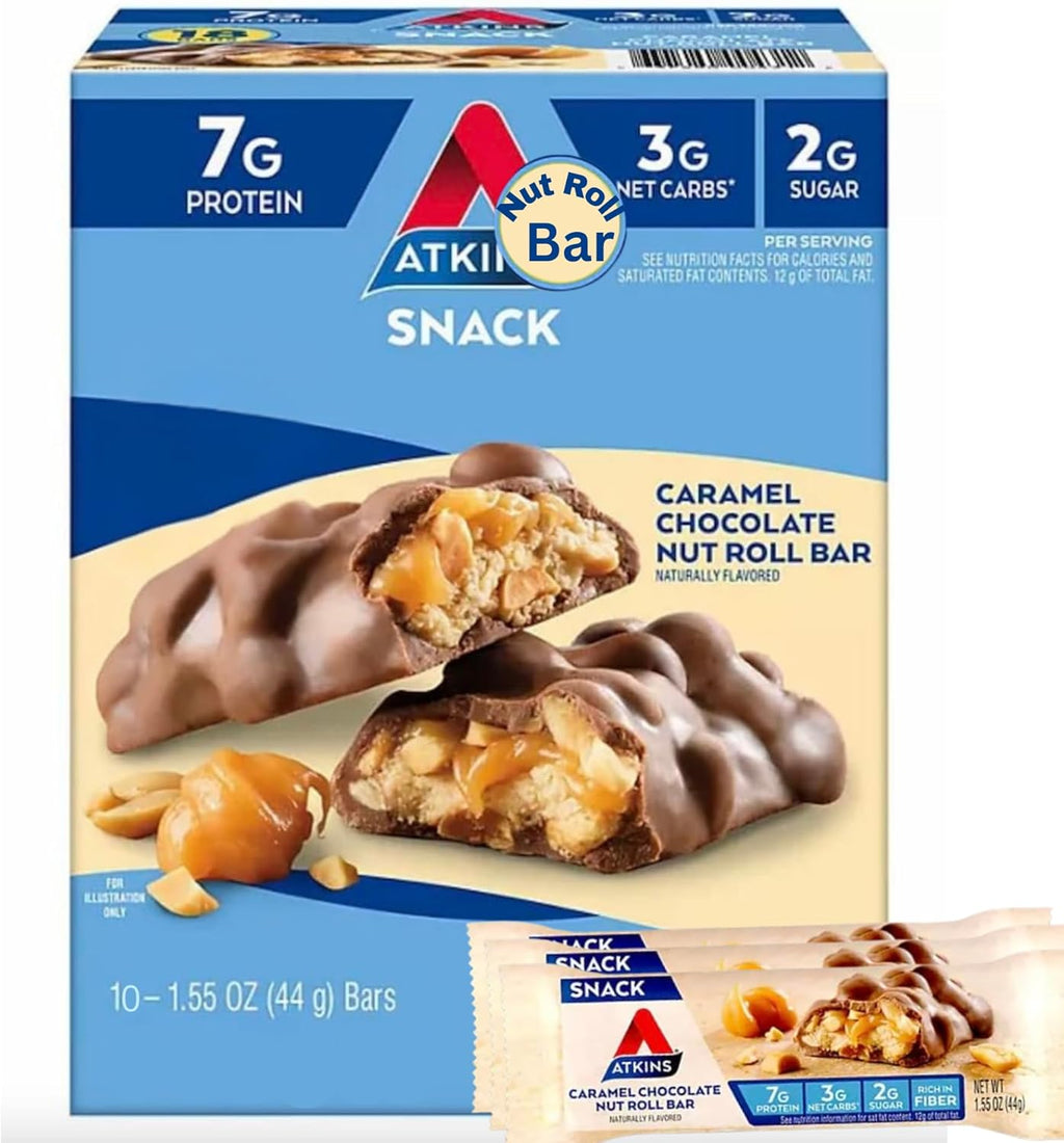Atk-ins Caramel Chocolate Nut Roll Snack Bar, Protein Snack, High in Fiber,2g Sugar caramel chocolate bar Nut Roll 1.55 oz bars10 count
