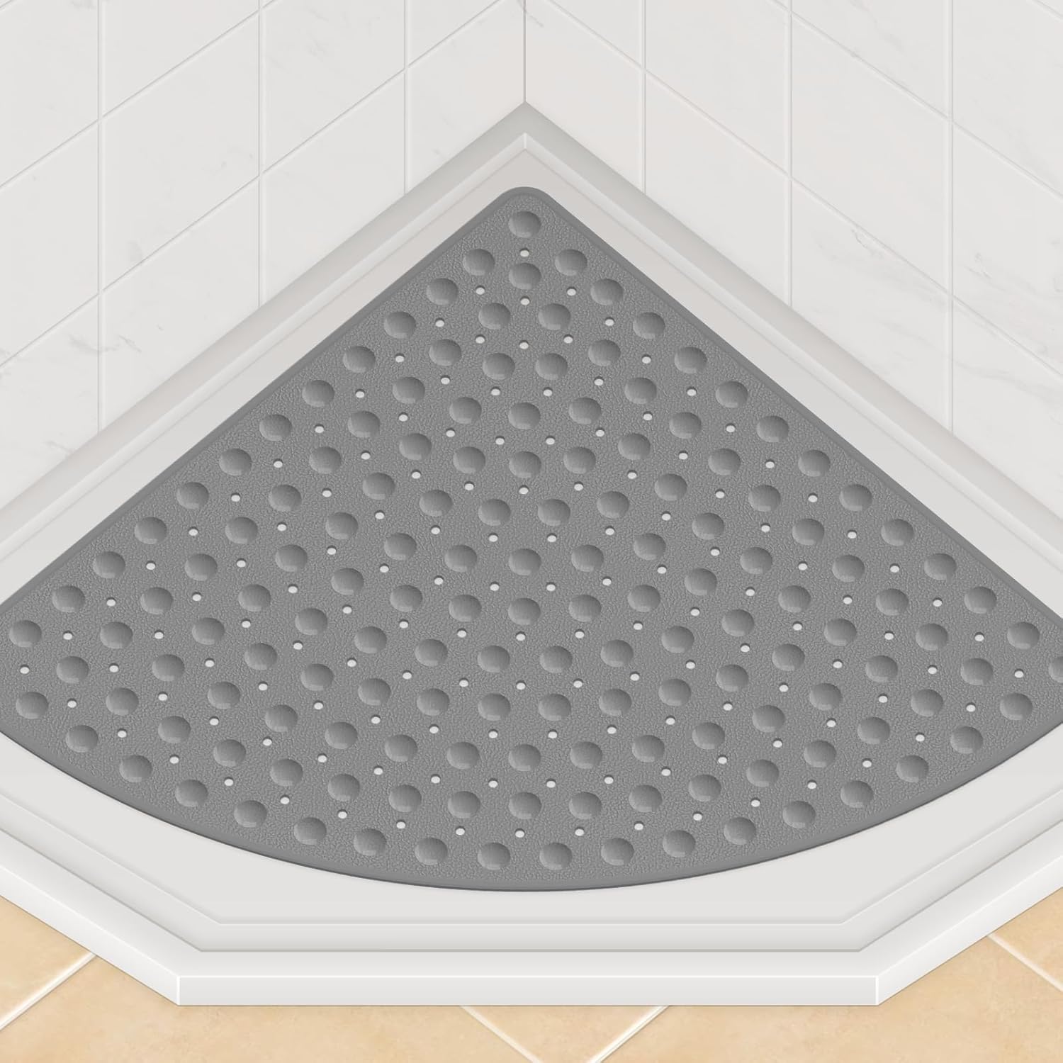 Yolife Large Corner Shower Mat, 25.6" x 25.6" Non Slip Shower mats for Inside Shower, Shower Mat with Drain Hole, Machine Washable Shower Floor Mat, Bathtub Mat Non Slip with Suction Cups, Grey