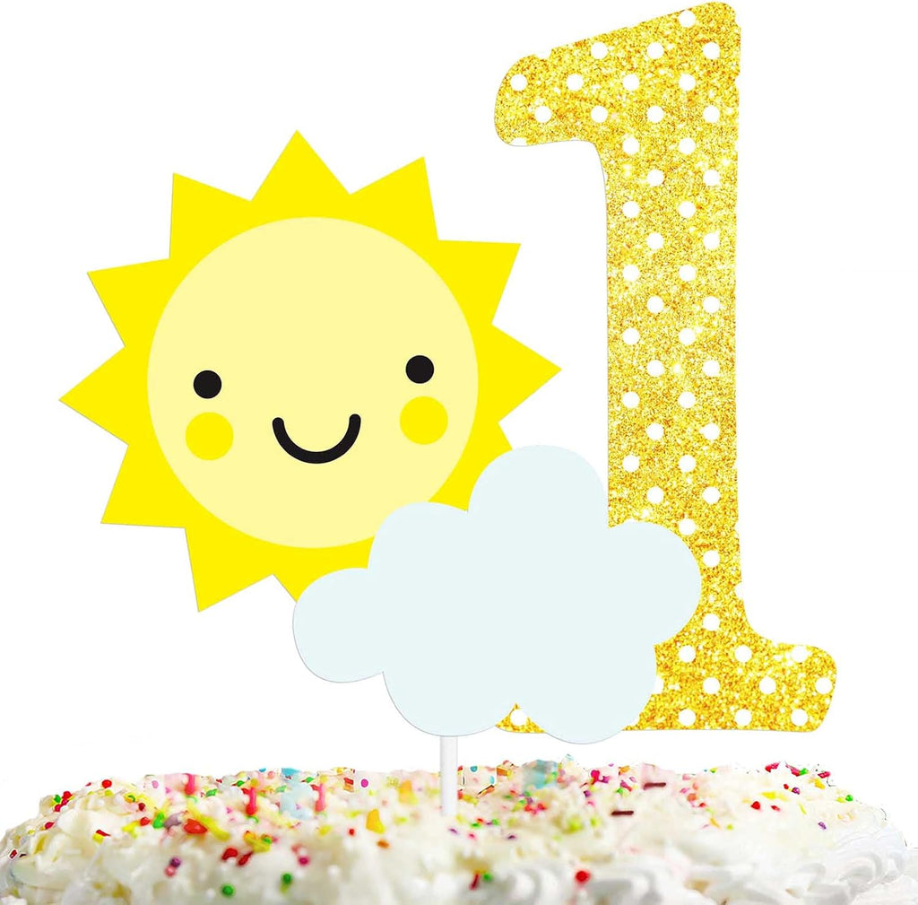 Gold Glitter Sun Cloud 1 Cake Topper One Year Old Theme Decor Supplies Baby Show Girls Boys Happy Birthday Party Decorations