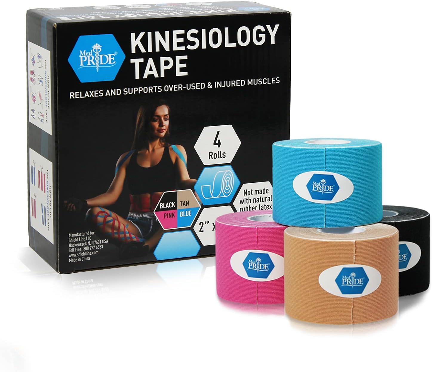 MED PRIDE Latex Free Kinesiology Tape Pack, 4 Uncut Rolls (2in X 16.4ft) Therapeutic Sports Tape for Knee Pain Muscle Support