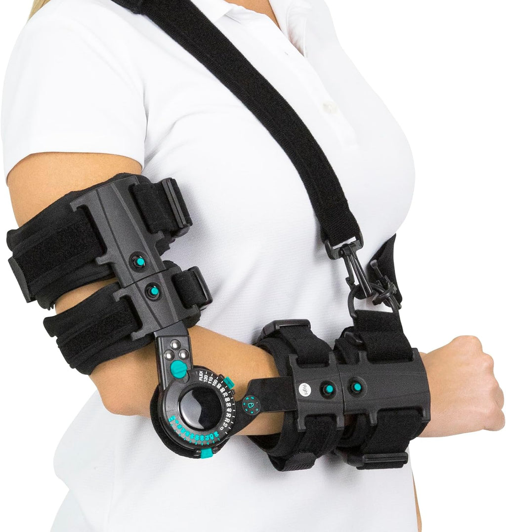 Vive Hinged Elbow Brace (Fits Right) - Range of Motion Support Sling Stabilizer for Dislocated Arm - ROM Adjustable Splint & Shoulder Strap - Post Tendon Injury & Surgery Pain Relief Recovery