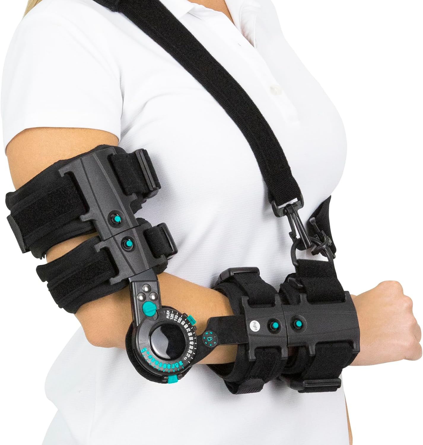 Vive Hinged Elbow Brace (Fits Right) - Range of Motion Support Sling Stabilizer for Dislocated Arm - ROM Adjustable Splint & Shoulder Strap - Post Tendon Injury & Surgery Pain Relief Recovery