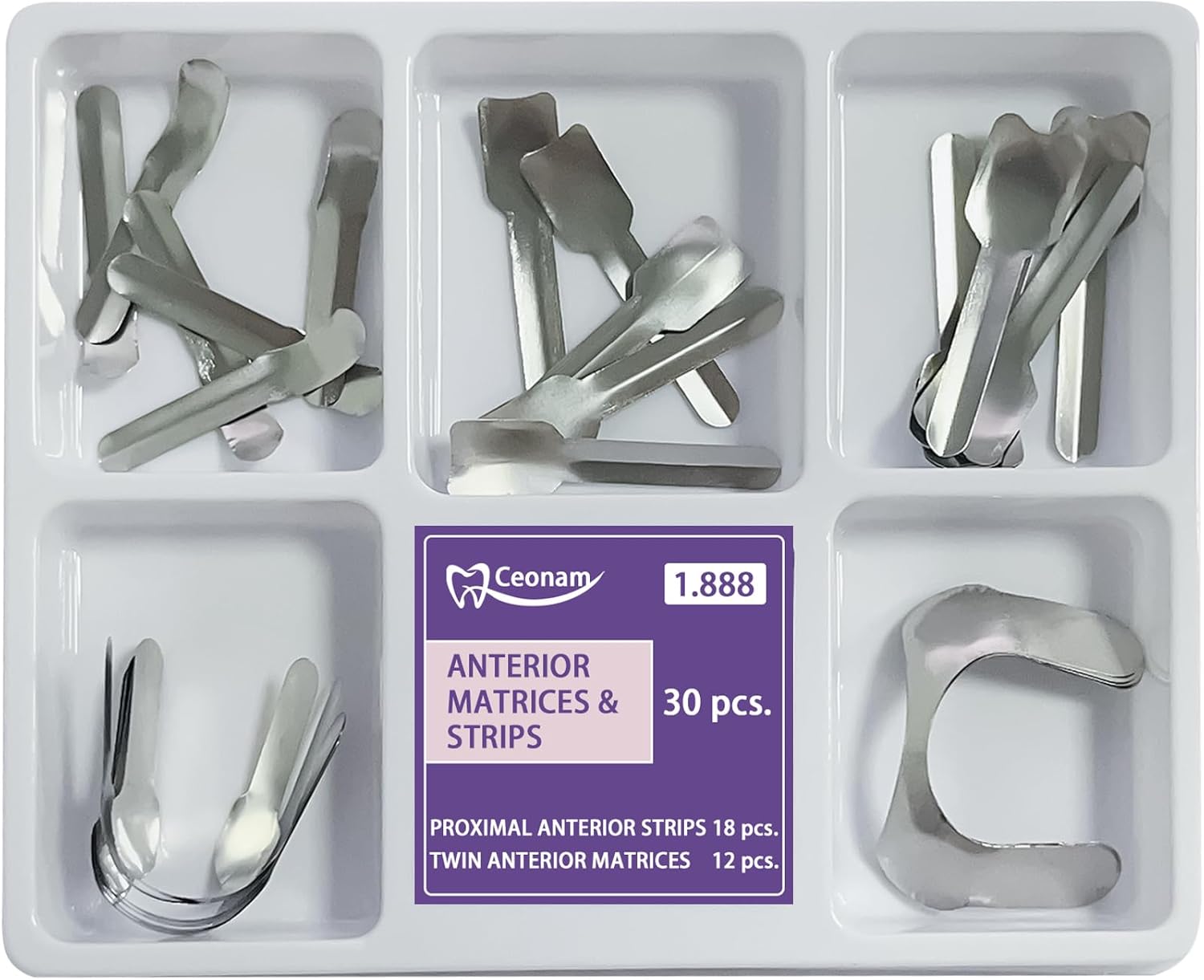 30 Piece Dental Anterior Matrix Kit with Proximal Strips and Twin Anterior Matrices - 0.035mm Thickness Soft Stainless Steel Bands Double-Side Sectional Contoured Design for Front Teeth Restorations