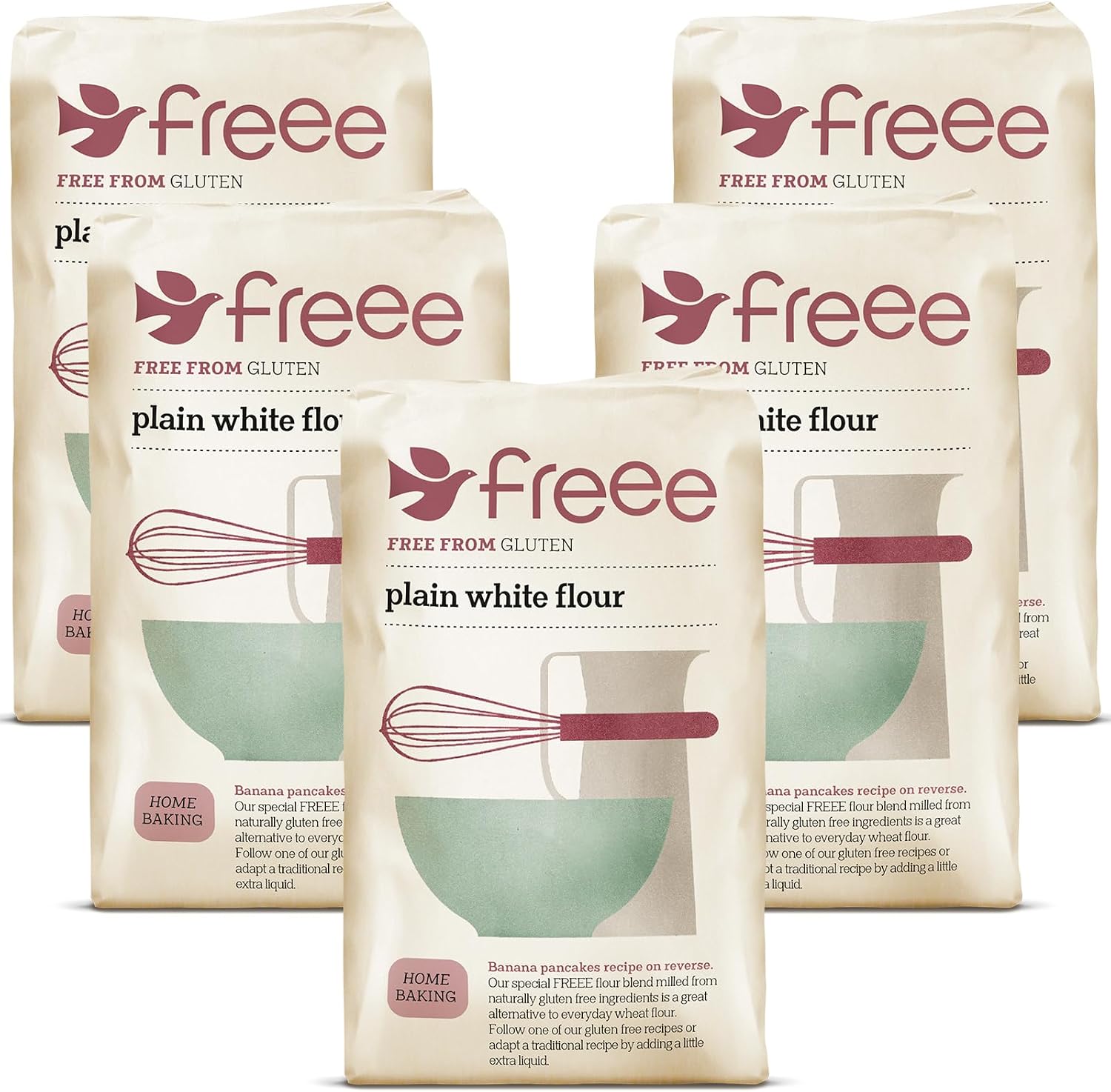 freee Plain White Flour Bag 2.2 lb / 1 kg (Pack of 5) | Gluten Free All-Purpose Flour Blend for Baking Bread, Cakes, Pastries & Cookies | Vegan, Kosher, Halal Certified | Imported from UK