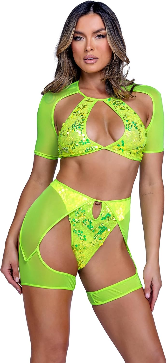 Roma Women's Standard Rave/Festival Sequin Bikini Bottom with Attached Sheer Mesh Chaps Neon Yellow