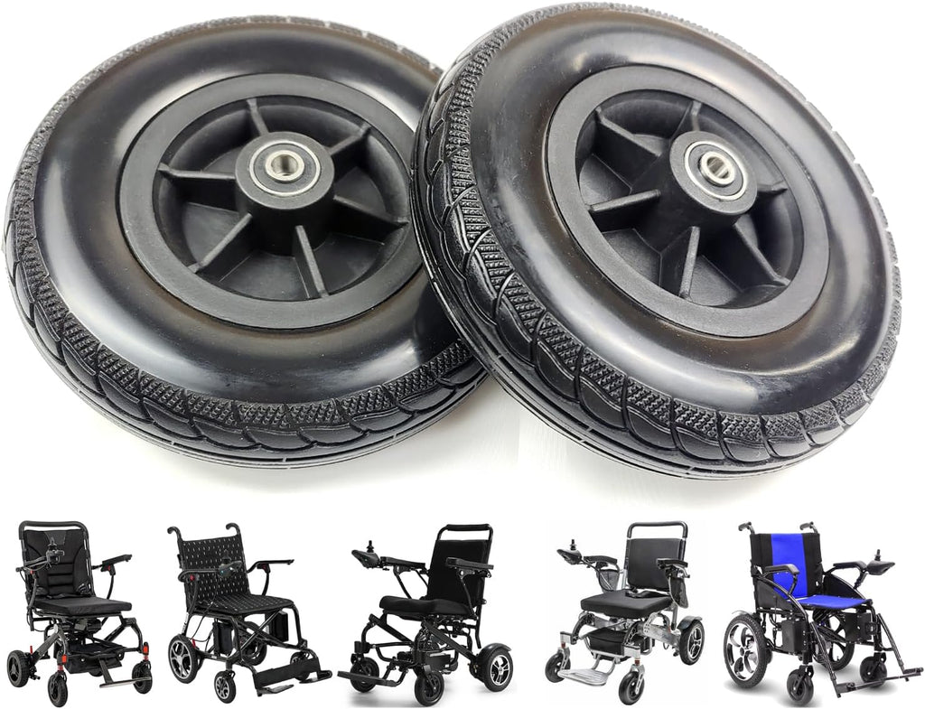 7 inch Wheelchair Wheels,7" Polyurethane Replacement Wheel Caster for Portable and Lightweight Electric Wheelchairs,5/16" (8 mm) Bearing,Shaft Height 57MM, Universal Replacement Parts(1Pr,Black)