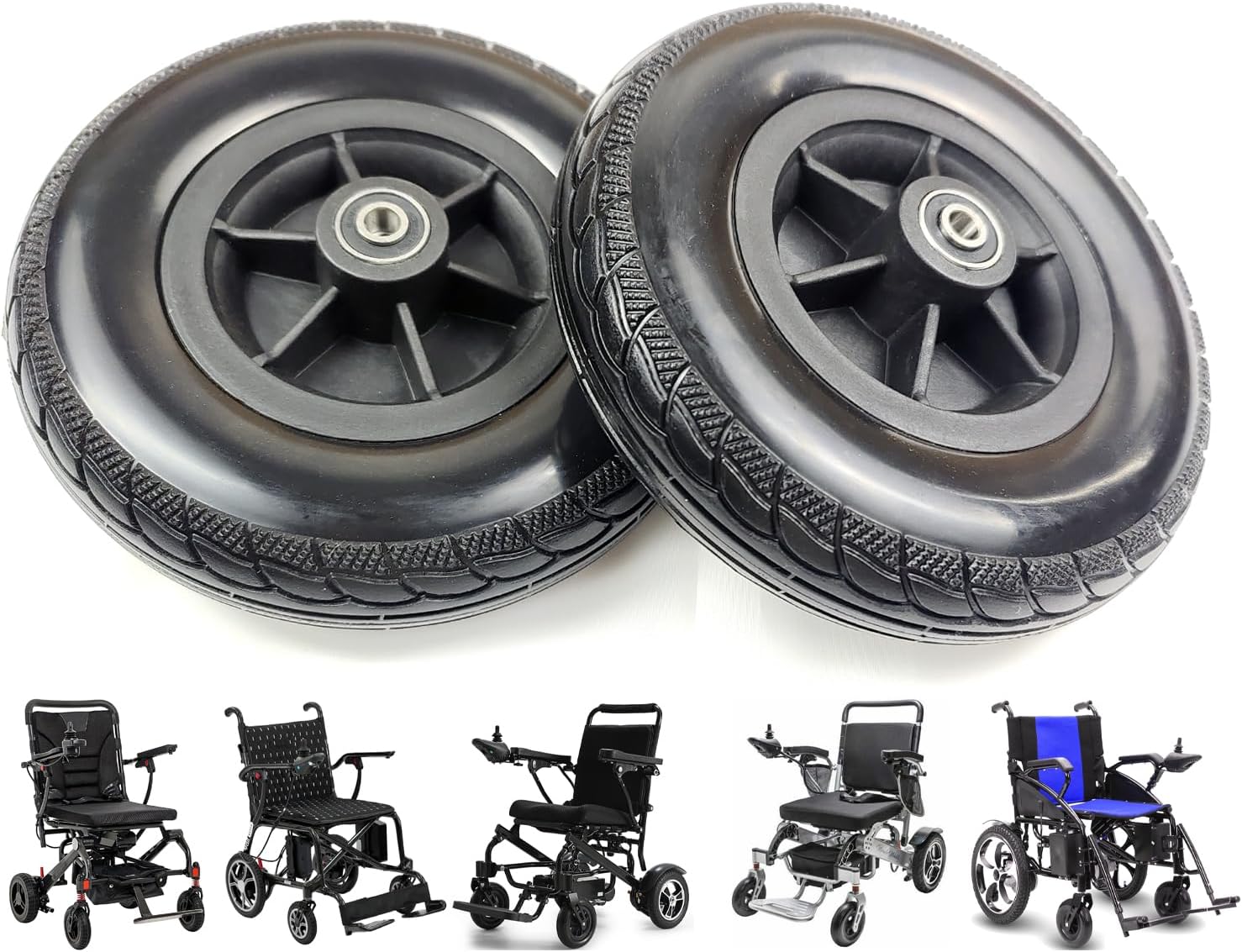 7 inch Wheelchair Wheels,7" Polyurethane Replacement Wheel Caster for Portable and Lightweight Electric Wheelchairs,5/16" (8 mm) Bearing,Shaft Height 57MM, Universal Replacement Parts(1Pr,Black)