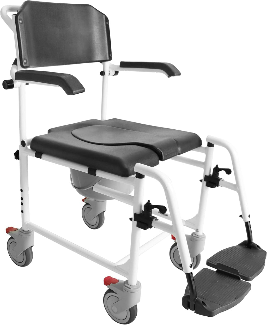 KMINA Shower Chair with Wheels for Elderly (Version 2.0 Improved Brakes), Adjustable Commode Rolling Chair, Black, PRO Model