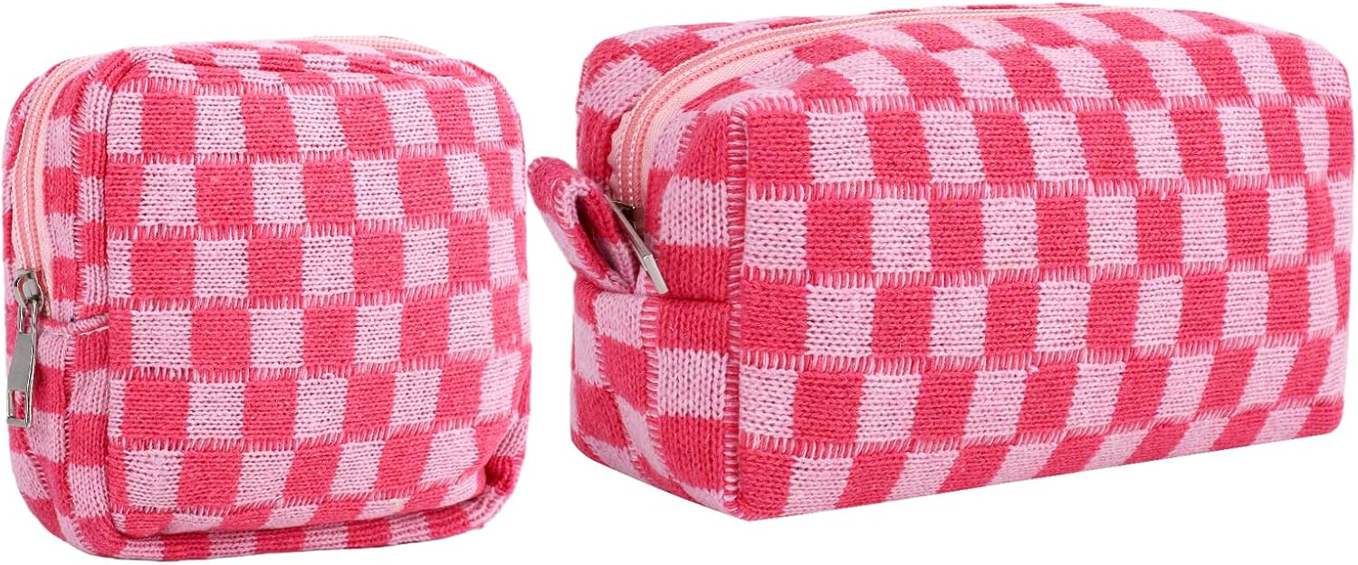 Sanitary Napkin Storage Bag Makeup Bag Set, Red Checkered Knit Design (2pcs Large & Small), Discreet Period Bag Pad Pouch, Small Pouch for Feminine Products, Tampon Holder for Purse Travel Use