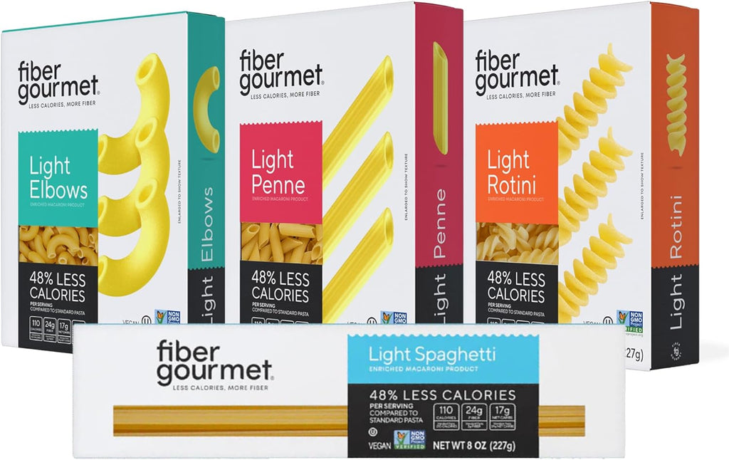 Fiber Gourmet Low Carb Pasta Variety Pack - Spaghetti, Rotini, Penne, Elbows - High Fiber, Keto Friendly, Non-GMO, Vegan, Kosher - Made in Italy with 48% Fewer Calories and Reduced Net Carbs