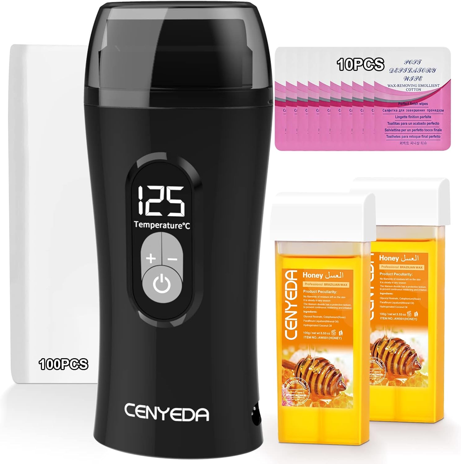 Digital Honey Wax Kit for Women's Hair Removal - Roll On Warmer with 2 Cartridges and 100 Wax Strips