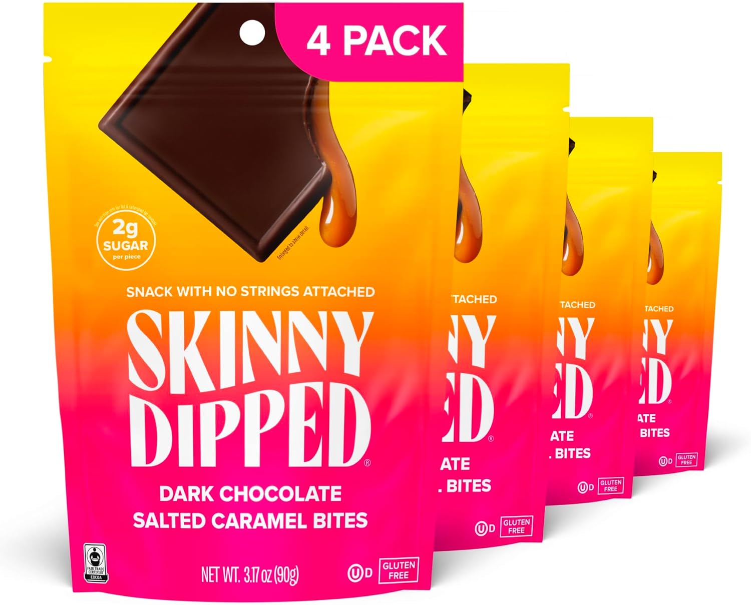 SkinnyDipped Dark Chocolate Salted Caramel Bites, 2g Sugar per Piece, Keto Friendly, Low Calorie Gluten Free, 4 Pack