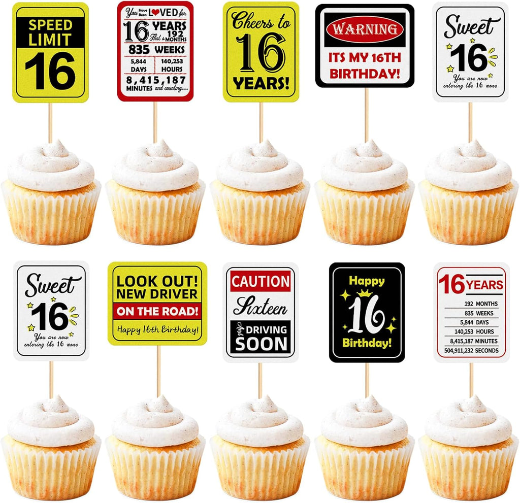36Pcs 16th Birthday Card Cupcake Toppers Cheers to 16 Years Sweet 16 Speed Limit 16 It's My 16th Sixteen and Driving Soon Birthday Cupcake Picks Funny Birthday Anniversary Paper Cards Decorations