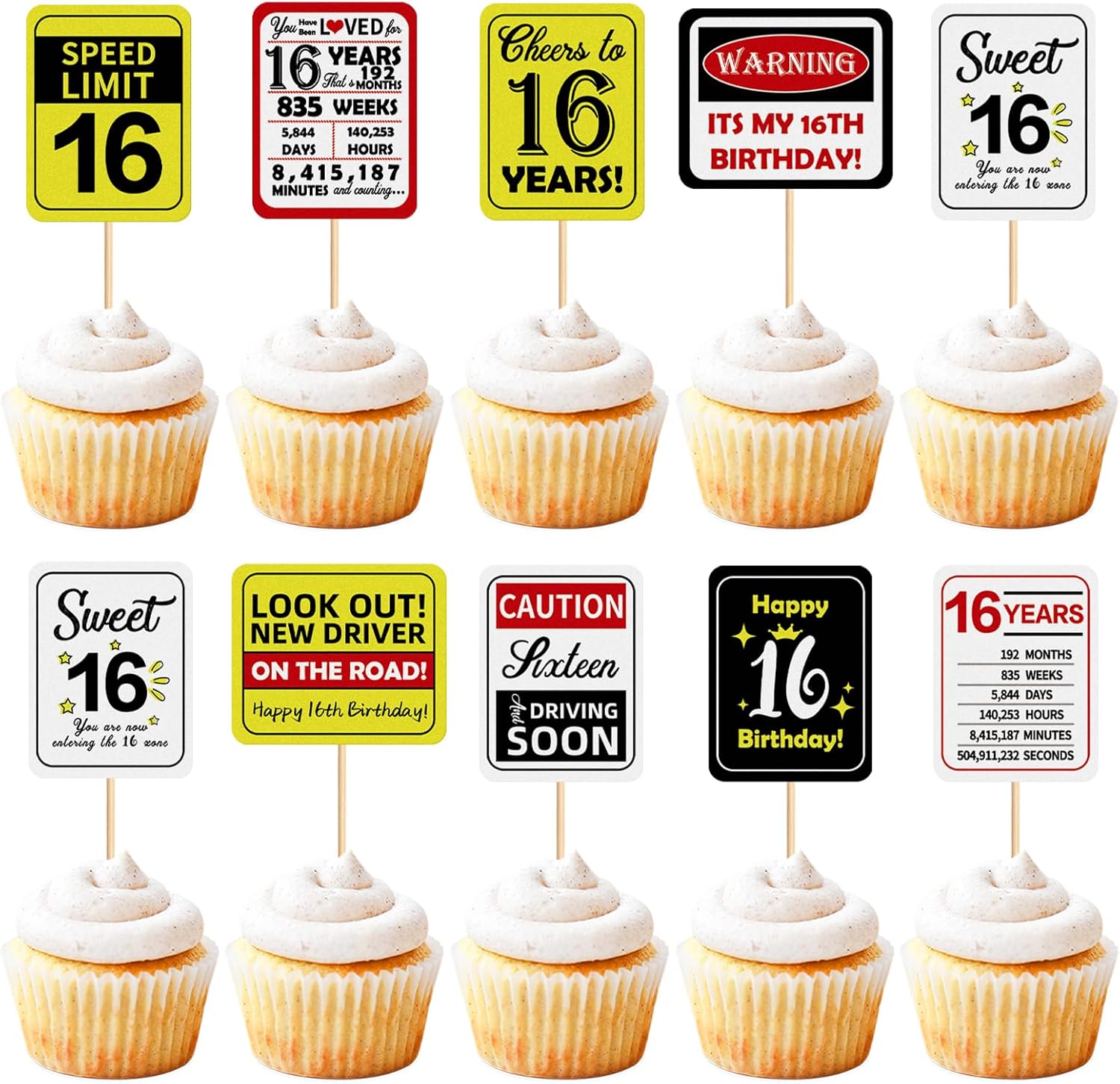 36Pcs 16th Birthday Card Cupcake Toppers Cheers to 16 Years Sweet 16 Speed Limit 16 It's My 16th Sixteen and Driving Soon Birthday Cupcake Picks Funny Birthday Anniversary Paper Cards Decorations