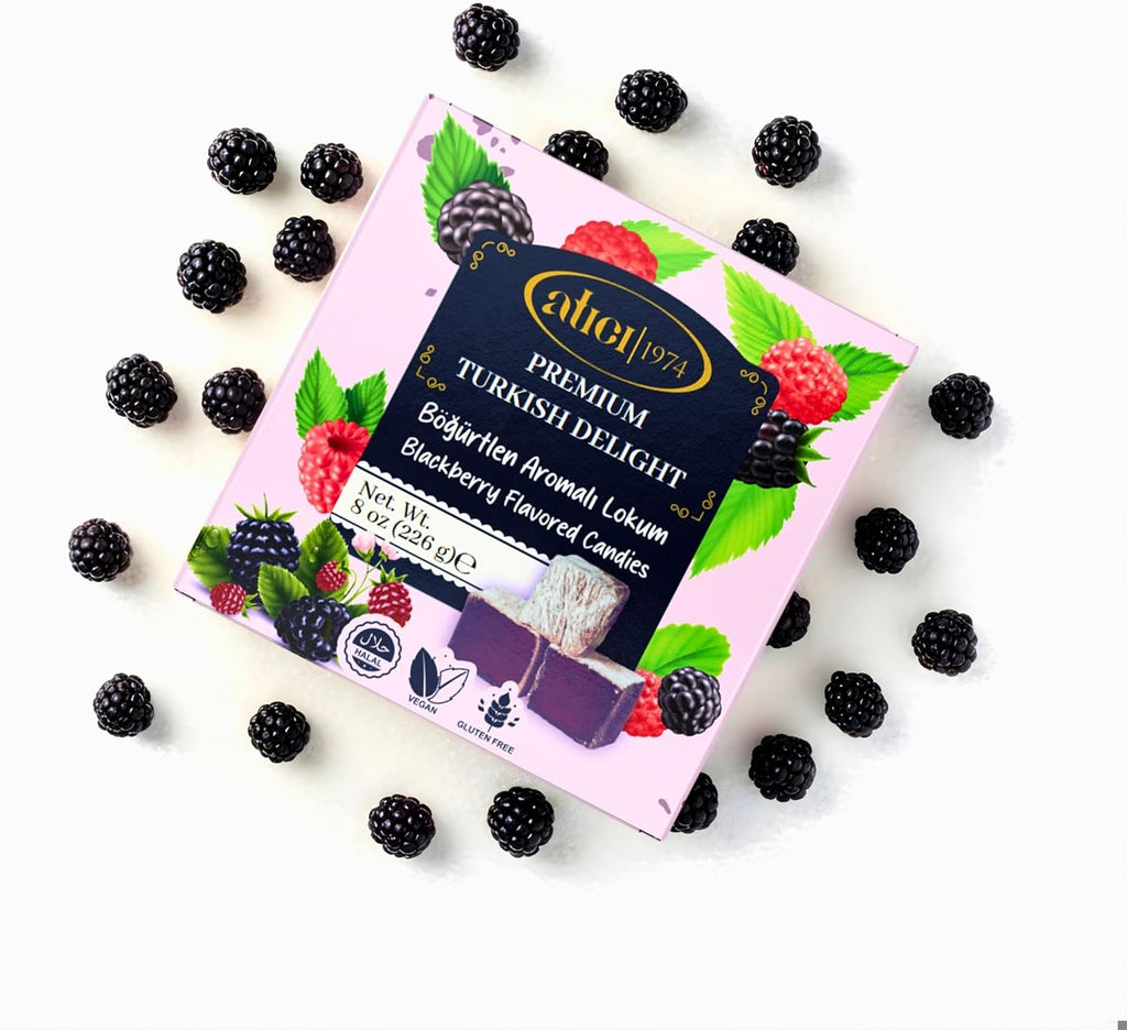 Atici Lokum Authentic Turkish Delight 8oz – Gourmet Vegan Sweets, Gluten-Free, Halal Soft Chewy Candy Gift Box | Traditional Premium Lokum Loukoumi Imported from Turkey (Blackberry Flavored Candies)