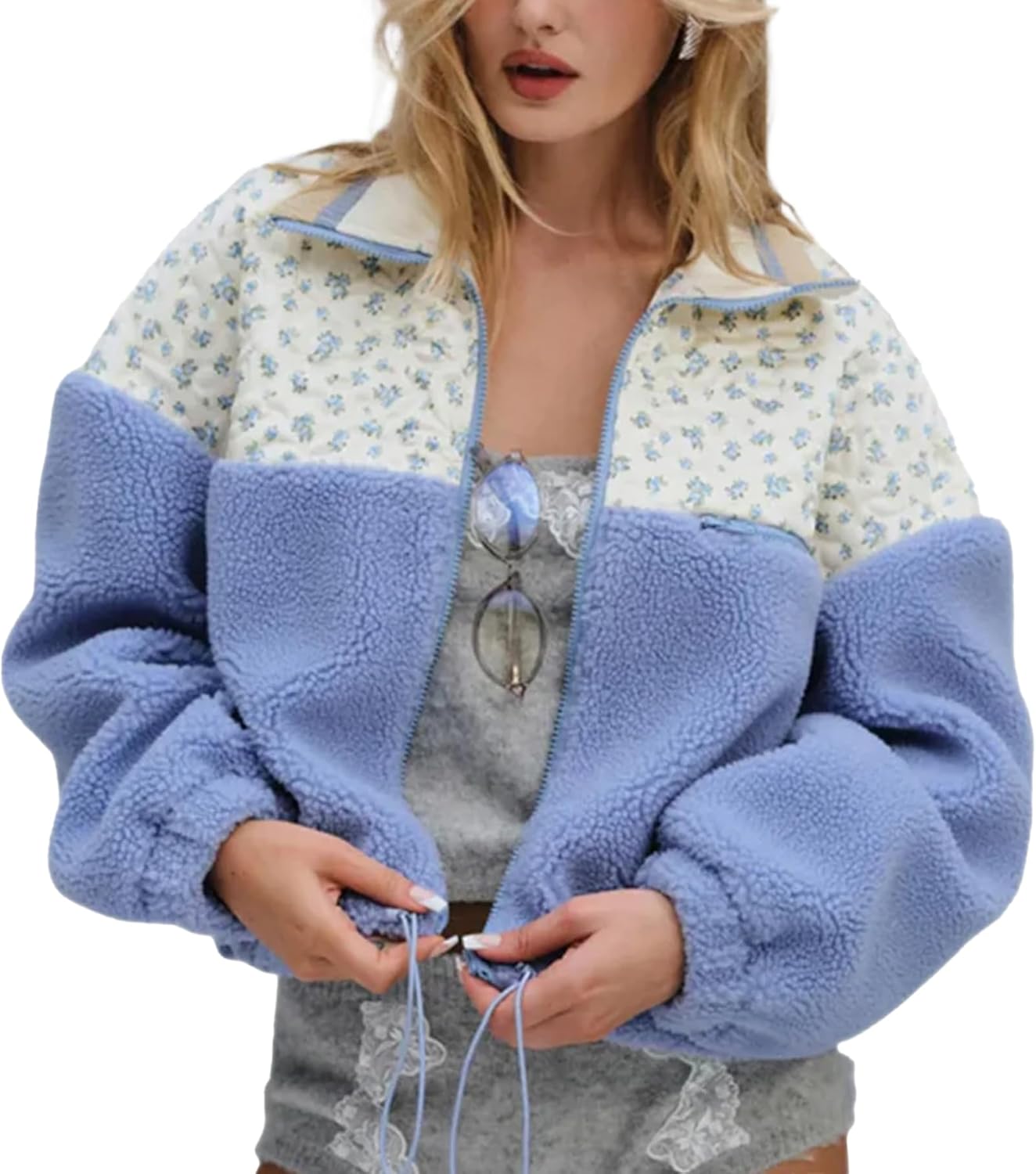 Ainangua Floral Fleece Jacket Women Cropped Long Sleeve Lapel Sherpa Coat Casual Zip Up Drawstring Shacket Jackets Fall Tops