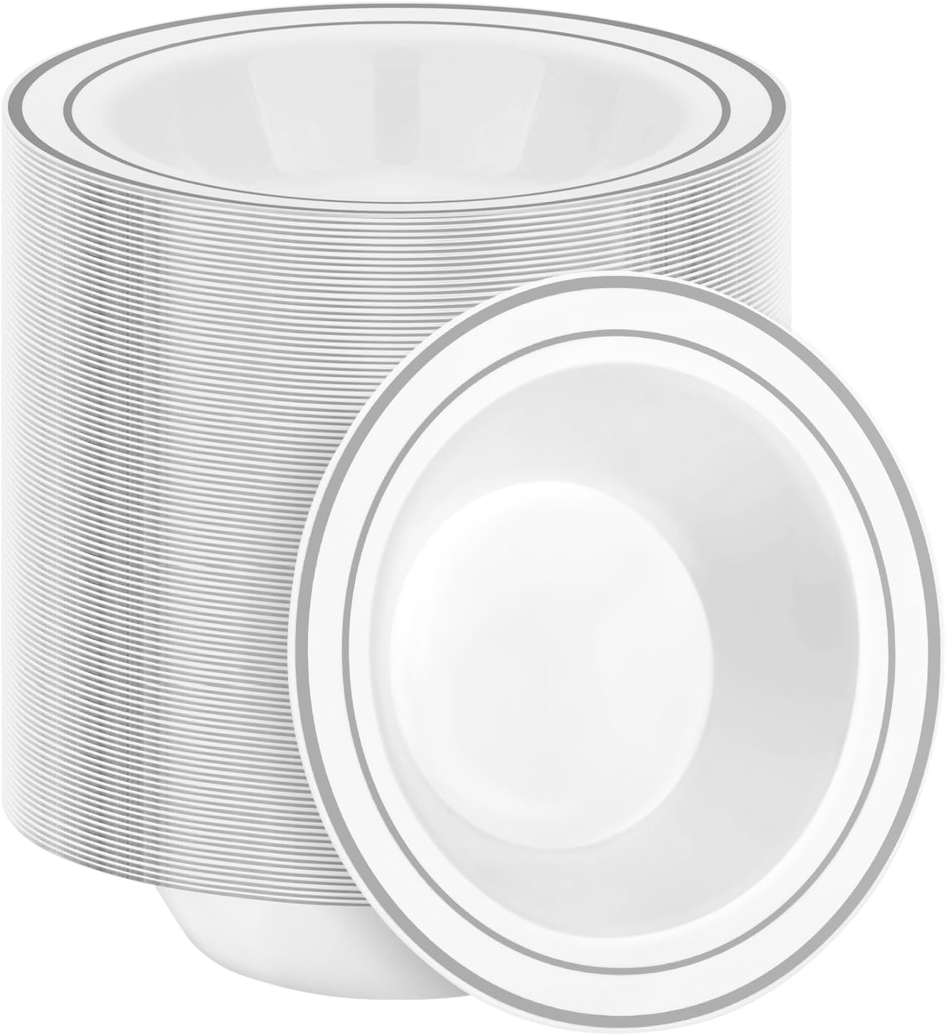 BESTSTAR 200 Pack Disposable Soup Bowls with Silver Rim, 12oz Premium Heavy Duty Plastic Dinner Bowls for Party, Wedding and Holiday