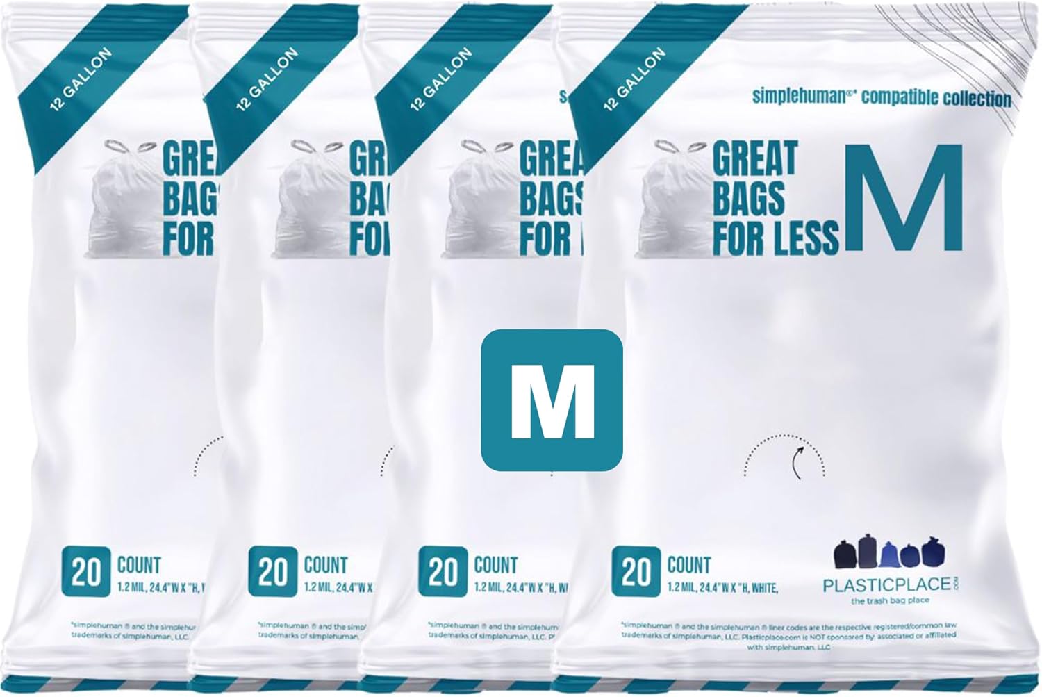 Plasticplace Trash Bags Compatible with simplehuman Code M Packs, White Drawstring Garbage Liners 12 Gallon / 45 Liter, 21" x 30.5" (20 Count/5 Pack)