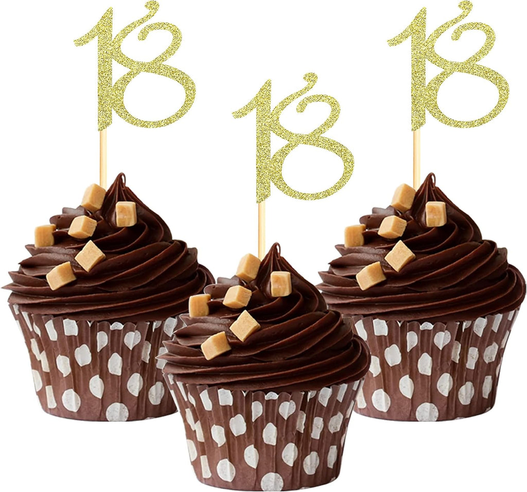 Sumerk 24PCS 18 Cupcake toppers Gold Glitter 18th Birthday Cupcake Picks Anniversary Party Decorations