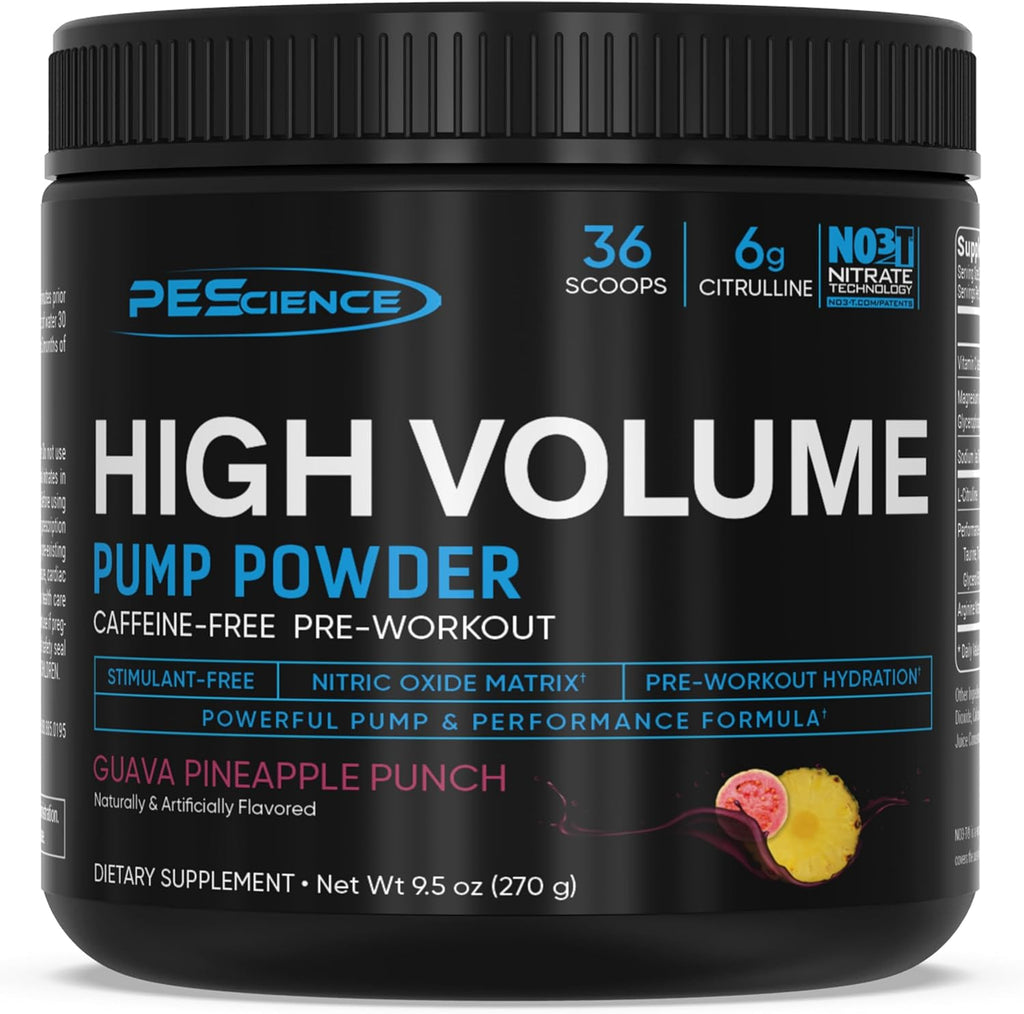 PEScience High Volume Stim-Free Pre-Workout Pump Powder, Caffeine-Free with L-Citrulline & L-Arginine Nitrate, Non-Stim Preworkout for Men and Women - 36 Scoops, Guava Pineapple Punch