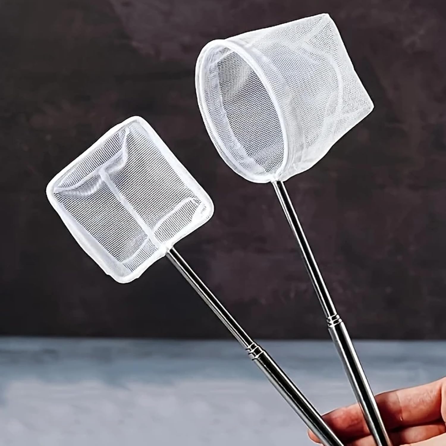 2-Piece Stainless Steel Fish Net Set – Fine Mesh, Extendable Handle, Round & Square Nets for Aquarium, Fish Tank, Small Fish Catching