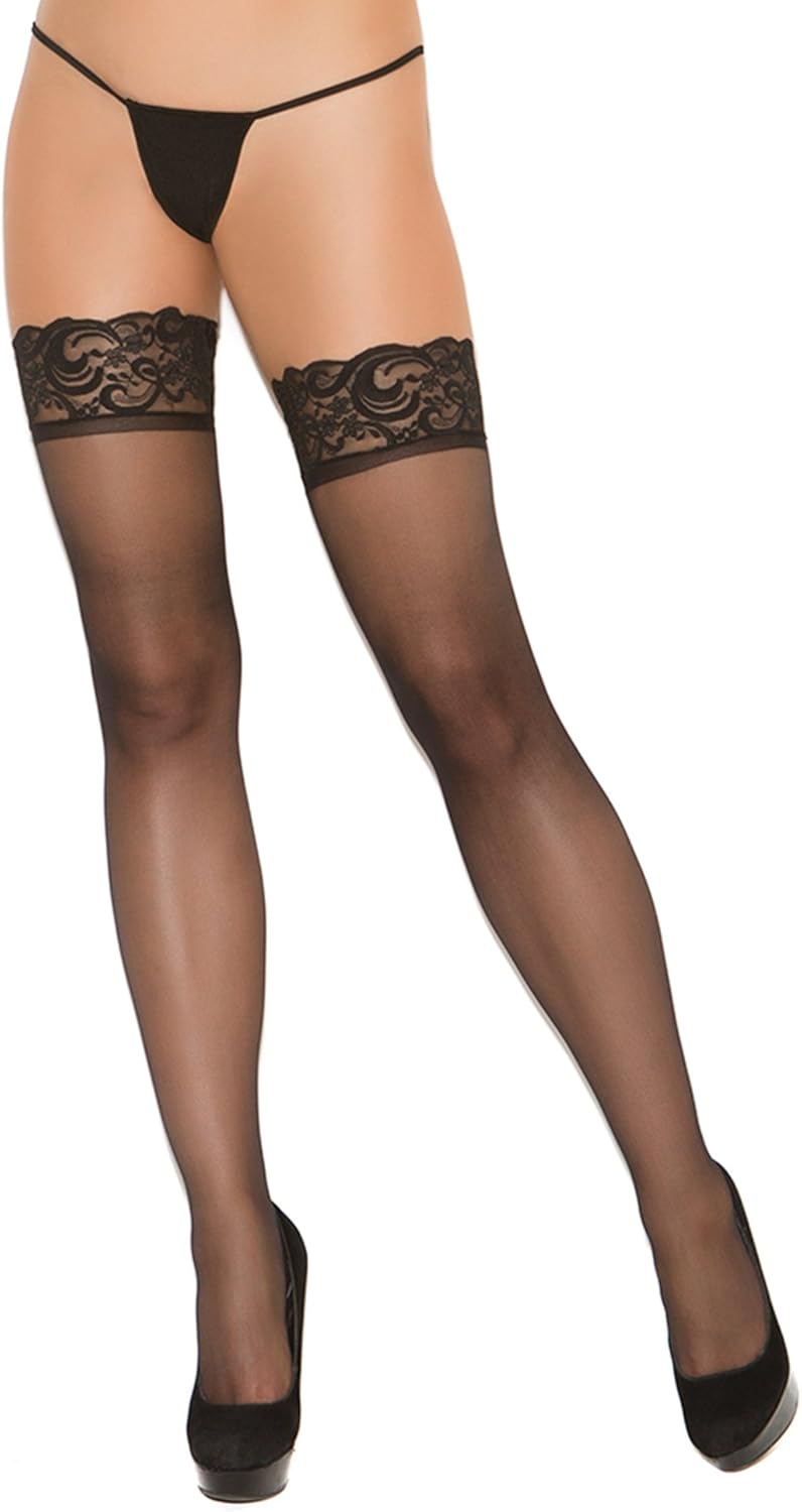 Elegant Moments SHEER THIGH HI WITH LACE TOP AND BACK SEAM.