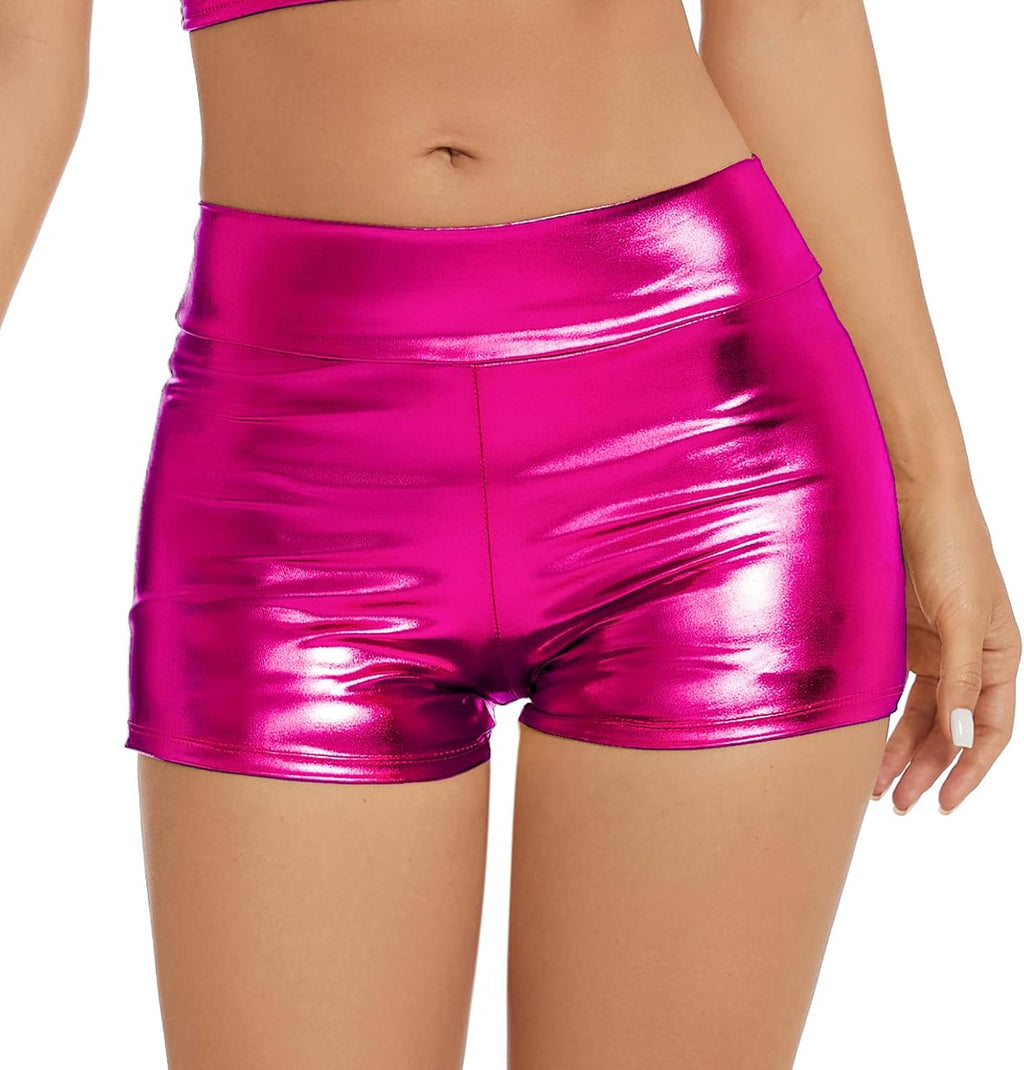 Women's Metallic Rave Booty Shorts Shiny High Waisted Bottoms for Dance Festival