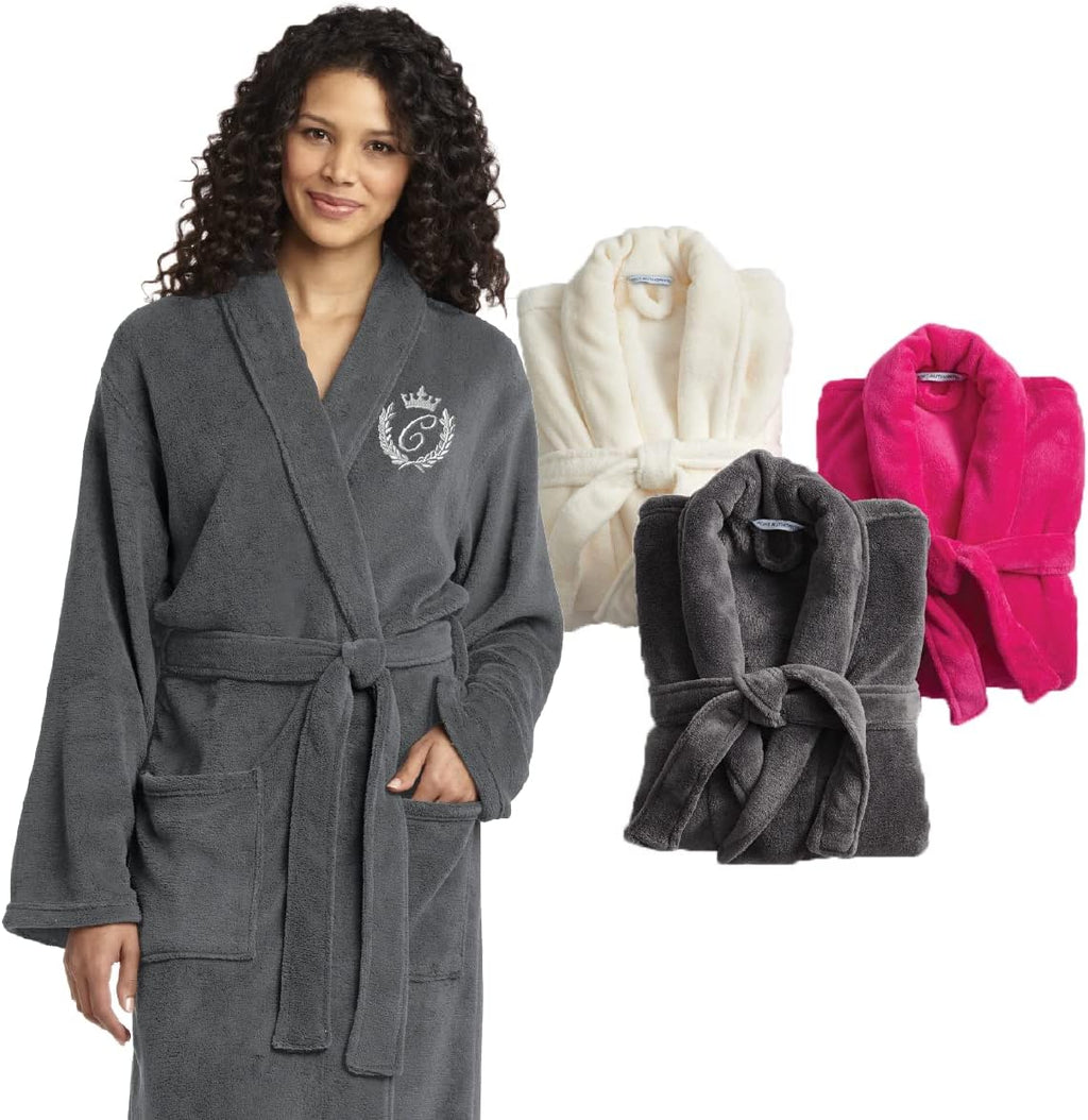 Camelsota Custom Embroidered Super Plush Microfleece Robe with Personalized Name or Text, Smoke Grey, White or Pink Monogrammed Shawl Collar Customized Front or Across Back
