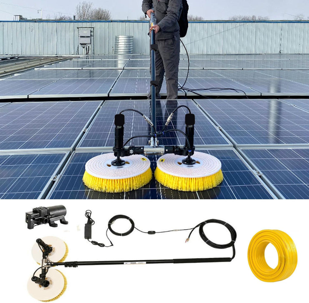Electric Photovoltaic Panel Cleaning Tool, Water Fed Pole Kit with Carbon Fiber Telescopic Rod, 65cm Round Brushes, 17m Cable/29m Water Pipe Line, Plug in,3.5M