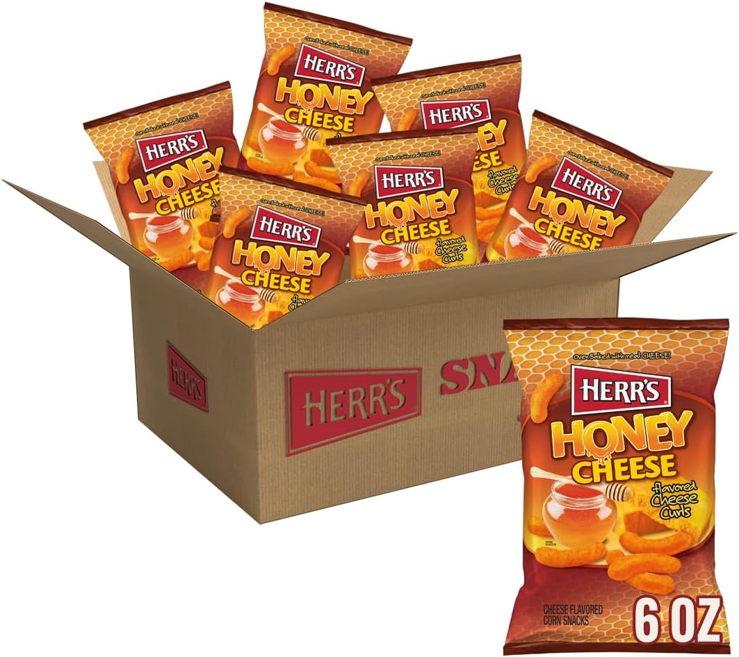 Herr’s Cheese Curls, Honey Cheese Flavored, Gluten Free Snacks, 6oz Bag (6 Count)