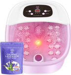 MoodRelish Foot Spa Bath Massager with Heat Bubbles and Vibration Massage and Jets, 16 OZ Calming Lavender Foot Soak Epsom Salt, Foot Soaker with Red Light, 22 Massage Rollers, Adjustable Temp - Pink