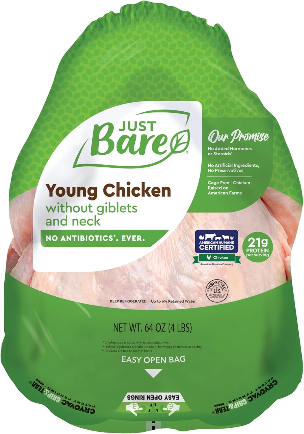 Just Bare Natural Fresh Whole Chicken | Antibiotic Free | Bone-In | Without Giblets & Neck | 64 Ounce