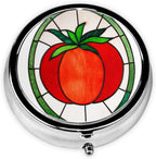 Stained Glass Single Red Tomato Round Pill Case, Portable Pill Box for Pocket Metal Medicine Vitamin Organizer 3 Compartment Three Times A Day